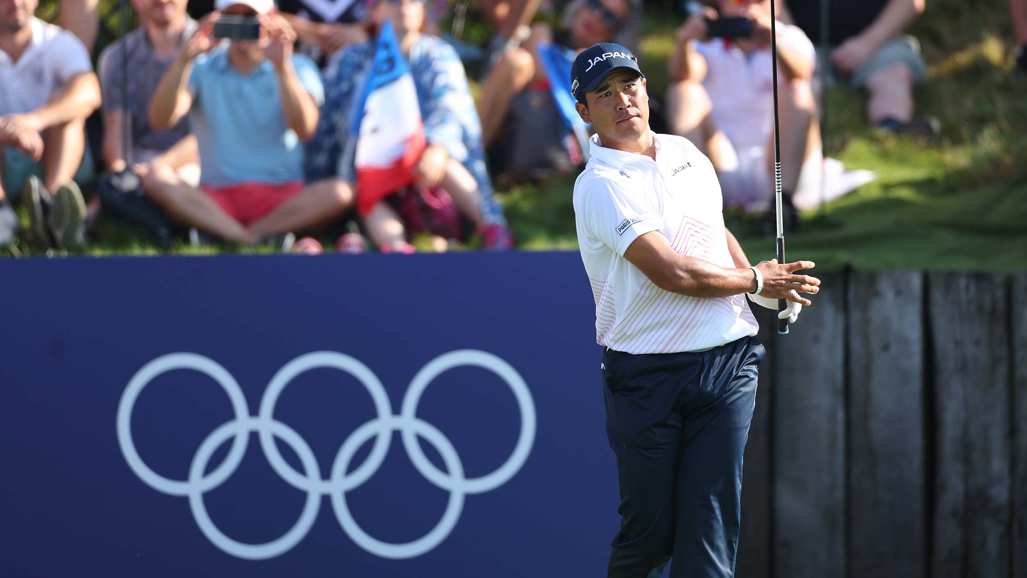 Hideki Matsuyama of Team Japan tees off on the first hole during Day One of the Men's Individual Stroke Play on day six of the Olympic Games Paris 2024 at Le Golf National